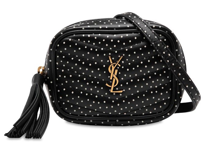 Bolsa de câmera Lou Monogram em couro de bezerro matelassado preto com estampa de bolinhas Saint Laurent