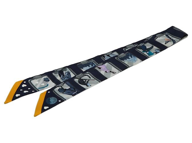 Hermès Blue Story Marine Twilly Silk Scarf Navy blue Cloth  ref.2538529