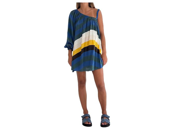 Vestido mini Fendi de seda de un hombro estampado olas Multicolor