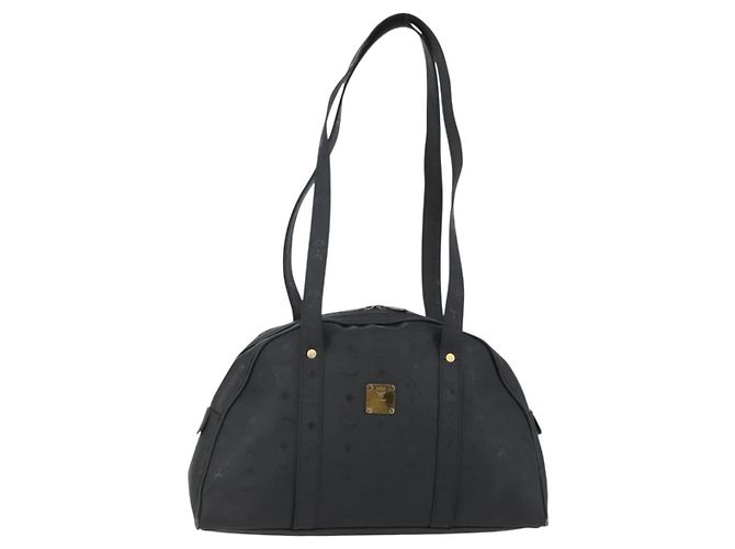 Bolsa de Ombro MCM Vicetos Logogram em Couro PVC Preto e Dourado Auth hk3093