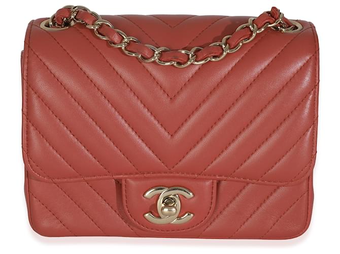 Timeless Chanel Coral Chevron Calfskin Quilted Mini Square Flap Bag Pink Leather  ref.2540252