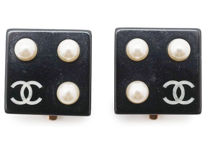 Chanel Coco Mark Perlen Quadrat Ohrringe Schwarz