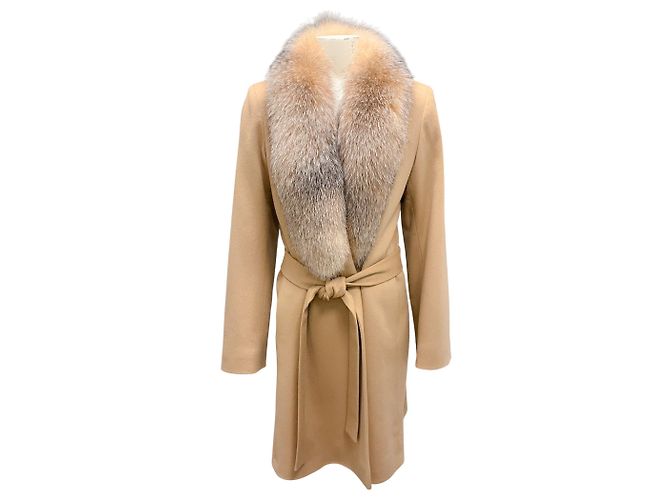 Autre Marque Casaco de lã com gola de pele de raposa camel Fleurette e cinto Camelo