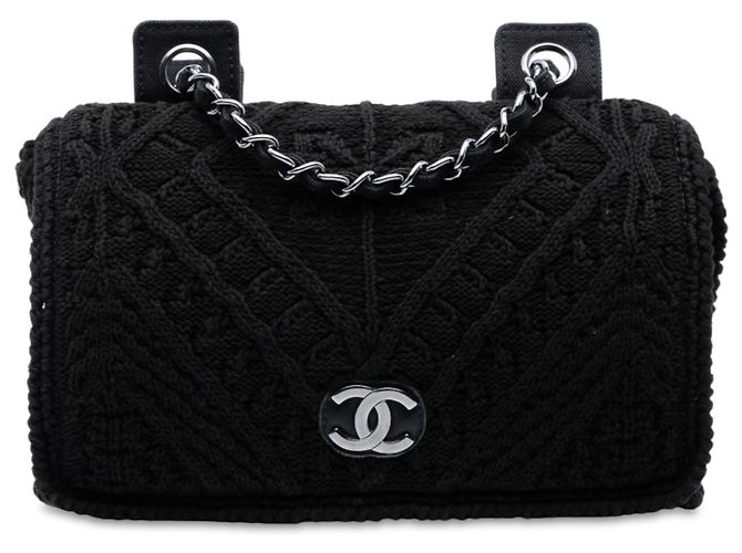 Chanel Black CC  Medium Woven Crochet Knit Single Flap