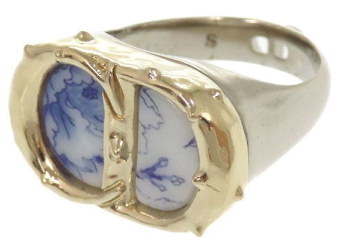 Christian Dior CD Blumenmuster Ring Silber Blau Golden