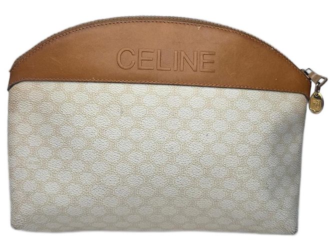 Triomphe Céline Vintage Celine Paris Monogramm Leder Clutch Weiß Braun
