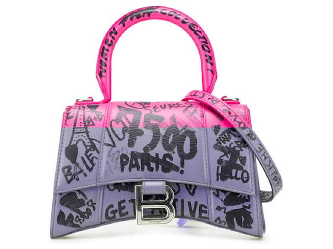 Balenciaga Hourglass Graffiti Leather 2way Bag Black Pink  ref.2544878