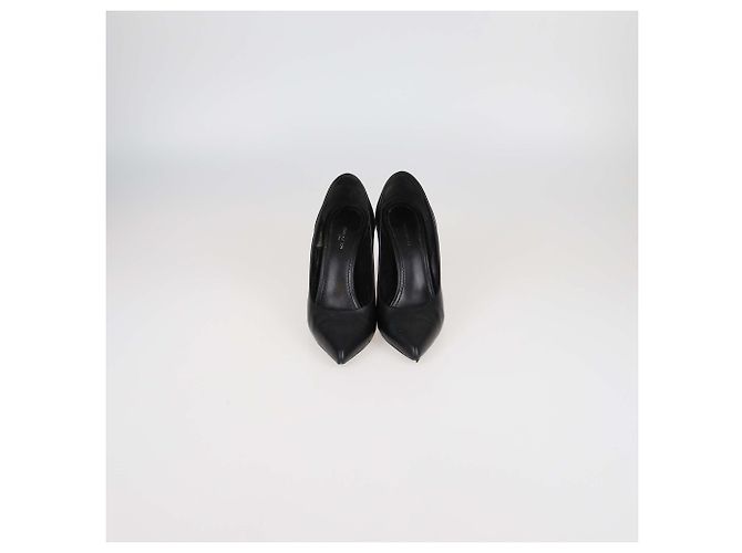 Schwarze/braune Leder- und Monogramm-Canvas-Pumps mit spitzem Blockabsatz von Louis Vuitton
