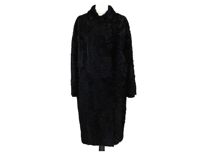 Etro Black Fur Lamb Leather Collar Long Sleeve Coat