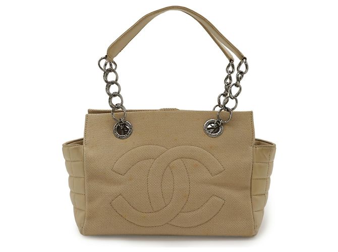 Chanel Coco Mark Chain Shoulder Tote Bag Beige