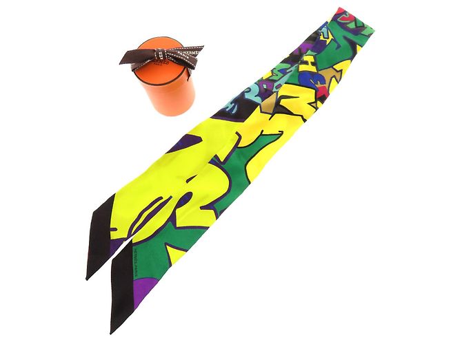 Lenço de seda Graffiti Twilly da Hermès Verde Roxo Amarelo