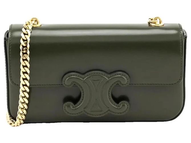 Bolsa de ombro Céline Triomphe Flap Chain em couro caqui Cinza