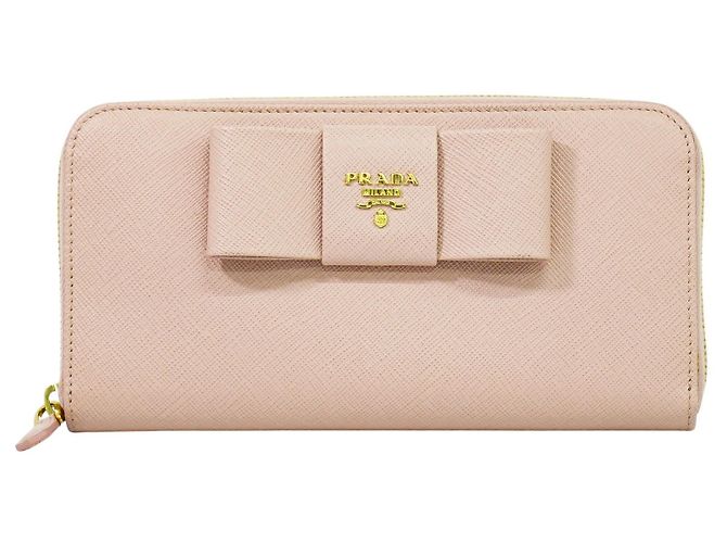 Cartera Prada Bow con Cremallera en Cuero Saffiano Larga Rosa
