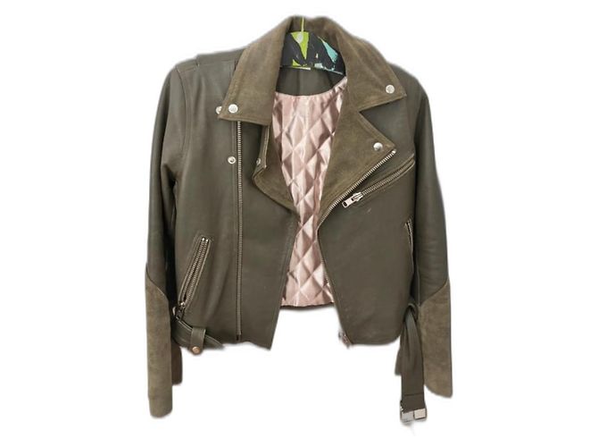 Ganni Leder Bikerjacke dunkelgrau dunkelgrün Anthrazitgrau