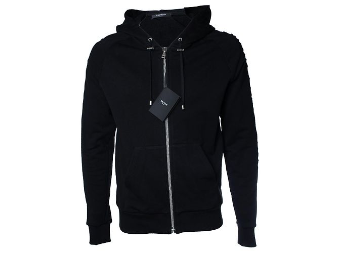 Balmain, schwarzer Kapuzencardigan mit geprägtem Logo