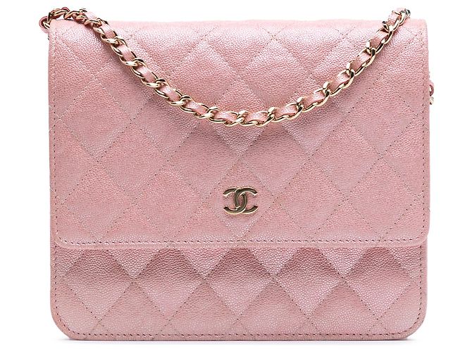 Chanel Pink CC Square Quilted Iridescent Caviar Wallet on Chain