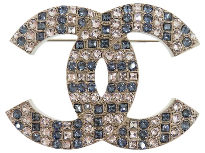 Chanel Coco Mark Strass Brosche Silber Weiß Blau