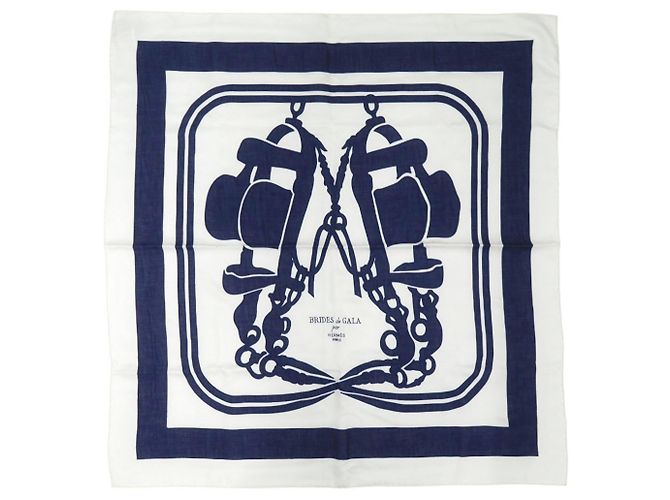 Lenço Hermès Carré 90 Brides de Gala Tattoo Branco Azul marinho