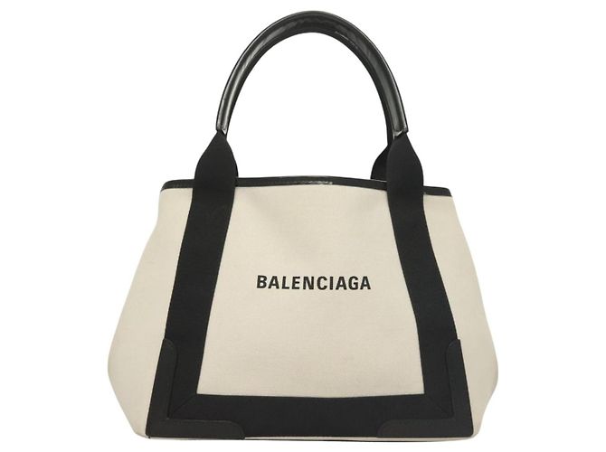 Balenciaga Navy Cabas Canvas with Leather Medium White
