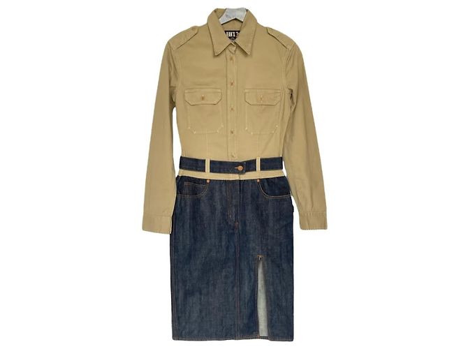 Vestido Jean Paul Gaultier de algodão e denim bege e azul