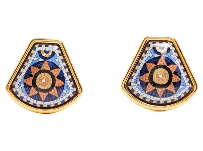 Hermès 1990s Clip-on Earrings with Sun Mosaic Print Golden 