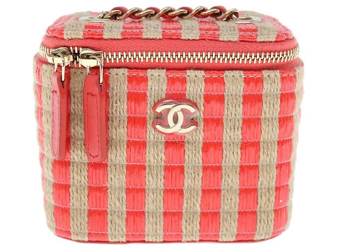Chanel Woven Top Handle Vanity Case with Chain Raffia Red