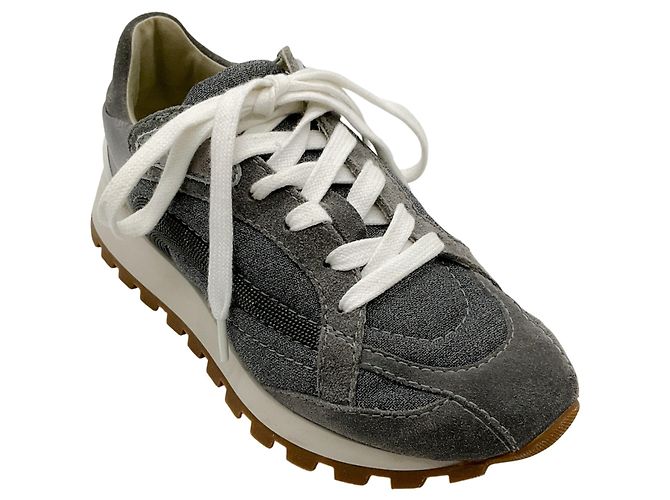 Baskets en lin / daim gris Brunello Cucinelli avec Monili