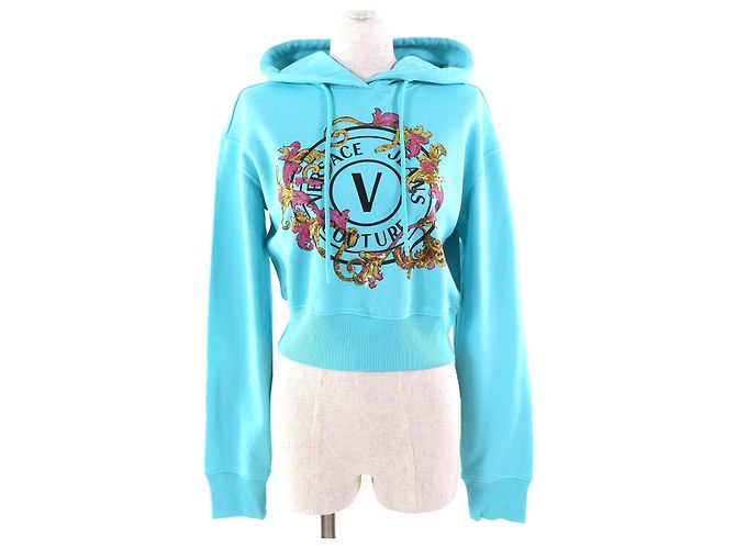 Hoodie en coton sequiné avec logo Versace Jeans Couture Bleu Bleu clair
