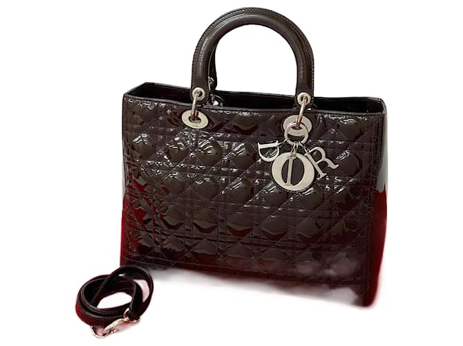 Christian Dior Lady Dior Patent Leather 2way Bag Brown Enamel  ref.2552192