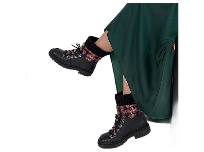 Chanel leather and tweed combat boots Black Multiple colors