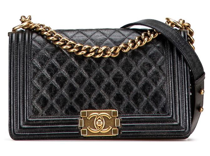 Chanel Boy Chanel Coco Mark Chain Shoulder Bag Black Leather ref
