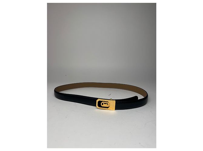 Céline Cinturón de cuero negro con logo de carruaje vintage Celine Paris