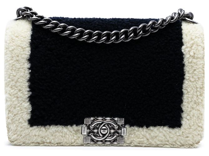 Chanel Black Old Medium Bicolor Shearling Boy Flap
