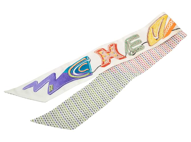Hermès White Chevaloscope Pointille Silk Twilly Scarf Cloth  ref.2554468