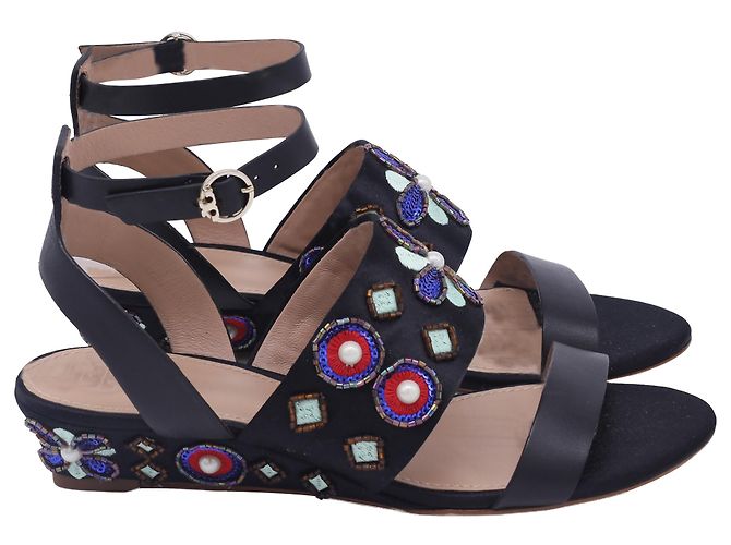 Tory Burch Estella Wedge Sandals in Black Satin
