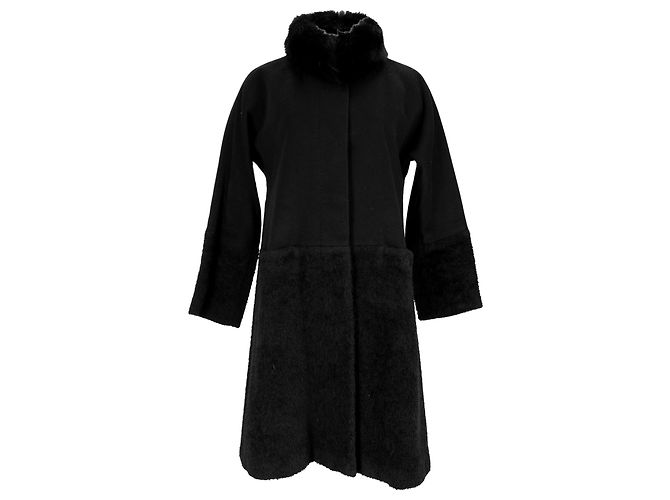 Max Mara Studio Shear-Accent Hidden-Buttoned Coat in Black Wool