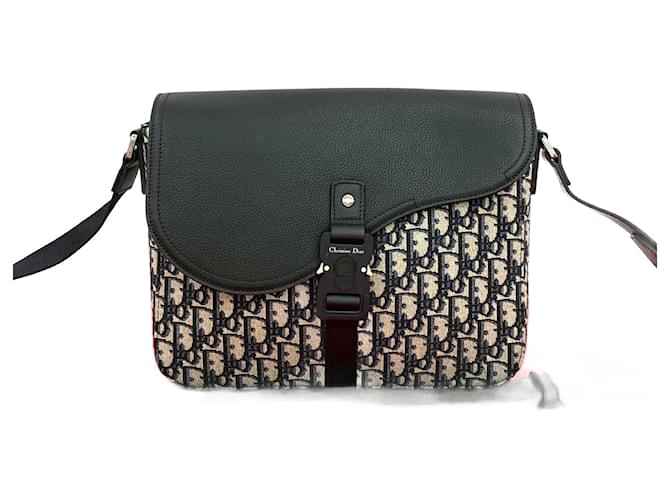 Christian Dior Saddle Oblique Canvas Leather Shoulder Bag Black Cloth  ref.2556590