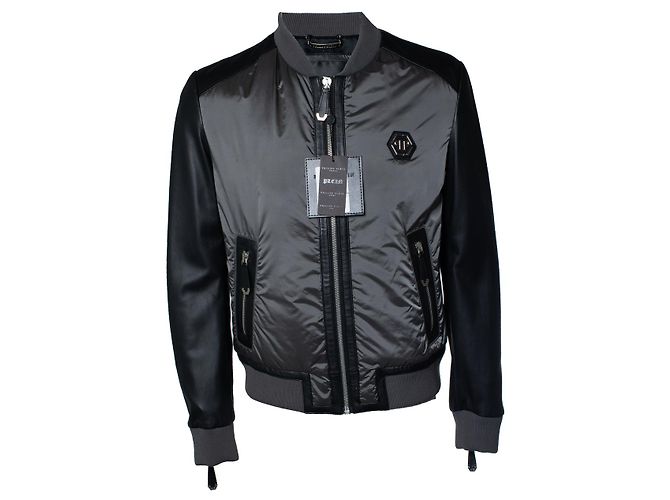 Philipp Plein, Graue Nylon- und Leder-Bomberjacke