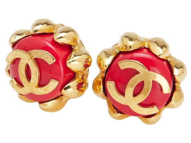 Vintage Chanel Coco Mark Clip Ohrringe Rot Golden