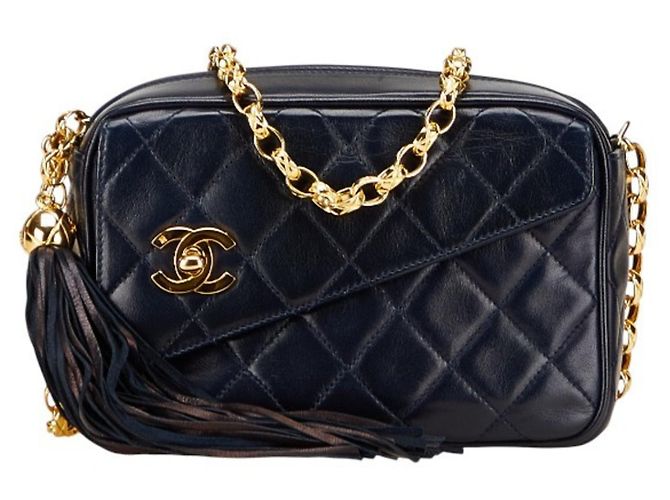 Sac à épaule à chaîne à franges Coco Mark Matelassé de Chanel Bleu Marine