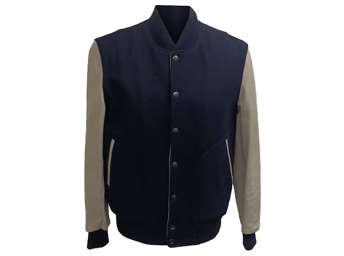 Autre Marque Giacca Bomber Mr. P. Melton in Lana e Pelle Blu Navy
