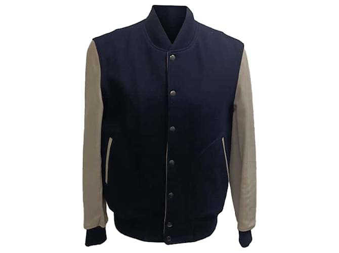 Autre Marque Mr. P. Melton Bomber Jacket in Navy Blue Wool and Leather  ref.2557848