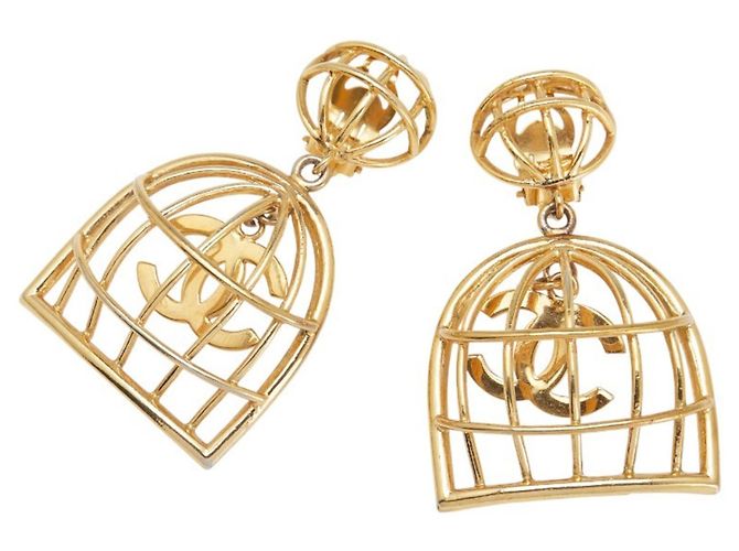 Orecchini a gabbia per uccelli Coco Mark Vintage di Chanel D'oro