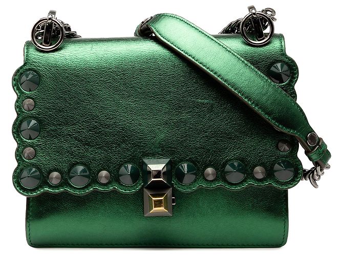 Fendi Verde Pequena Bolsa de Couro Kan I com Bordas