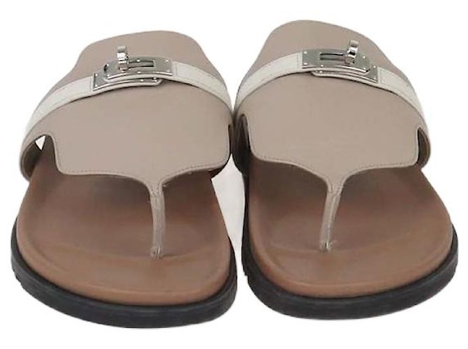 Hermès Hermes Grey/White Leather Empire Flat Sandals