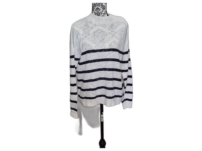 Pull blanc a rayure marine hartford col montant boutonnée taille 2 / 38 / M Bleu Marine