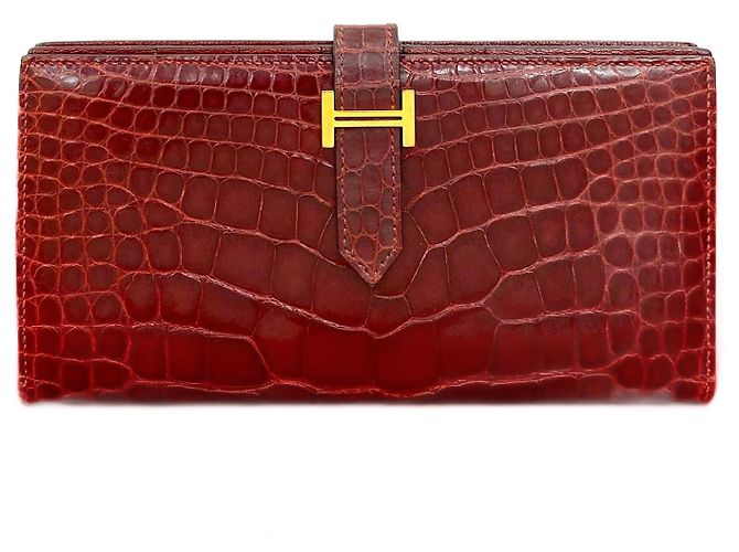 Hermès Hermes Bearn Soufflet Shiny Alligator Long Wallet Brown Bronze