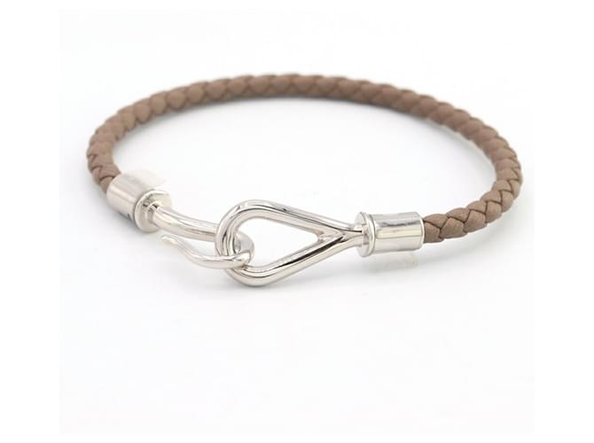 Hermès Bracelet en cuir et métal Hermes Jumbo H Etoupe Argenté Taupe 