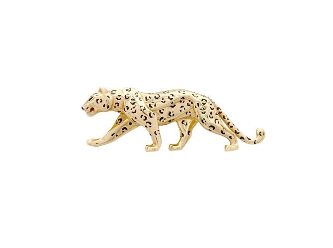 Cartier Brosche, "Panther", Gelbgold, Emaille, Smaragde.