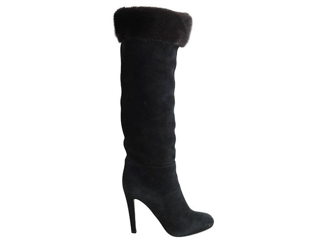 Sergio Rossi Schwarze Wildlederstiefel mit Fellfutter